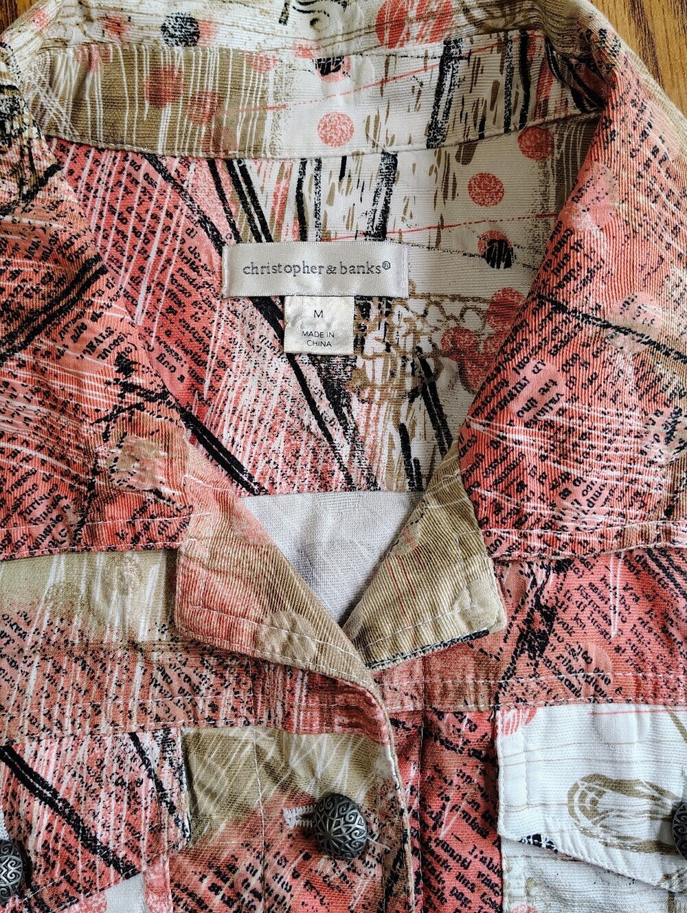 Christopher Banks abstract print button-front denim jacket Coral Cream sz M. - Picture 10 of 11